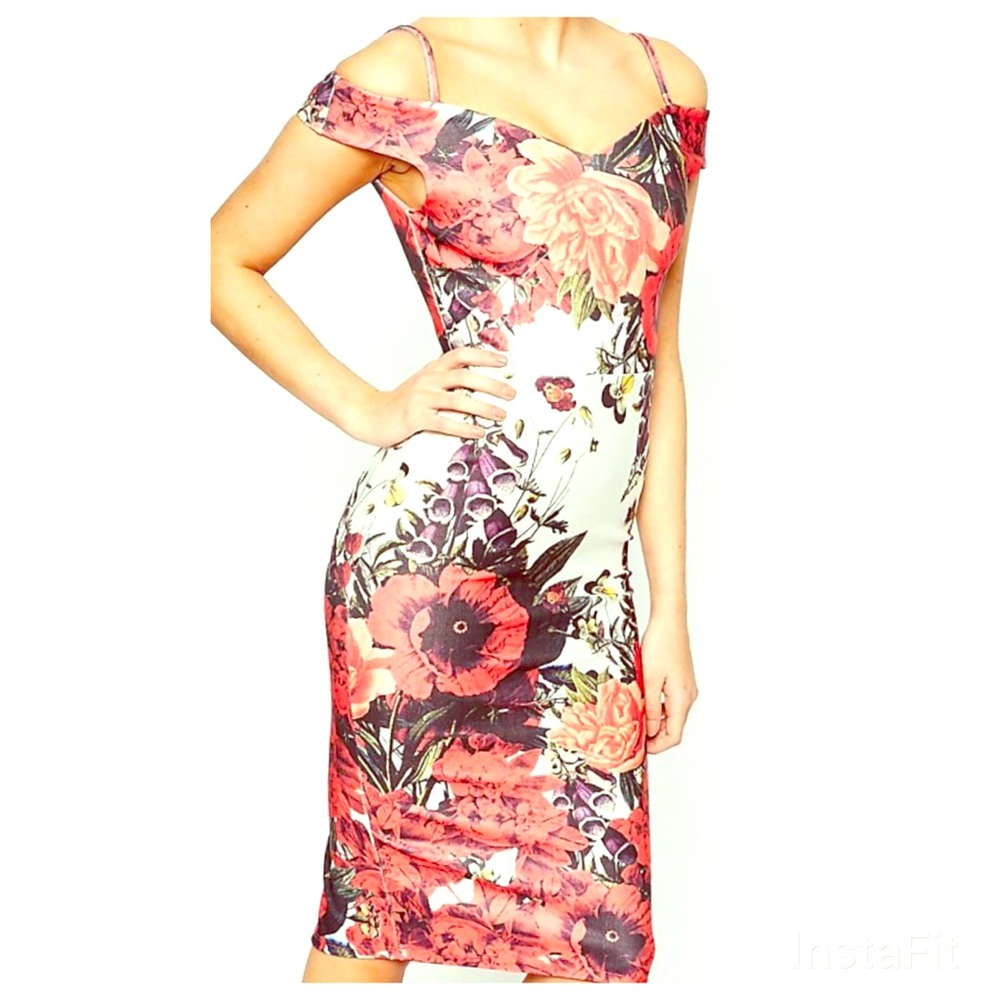 Hope & Ivy Floral Bardot, Cold Shoulder Dress